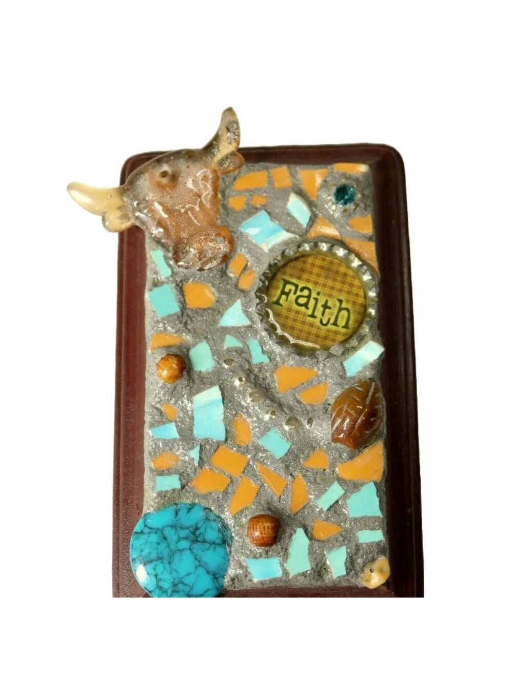 Western Faith Folk Art Blue Brown Cowboy Small Home Decor Mosaic Assemblage